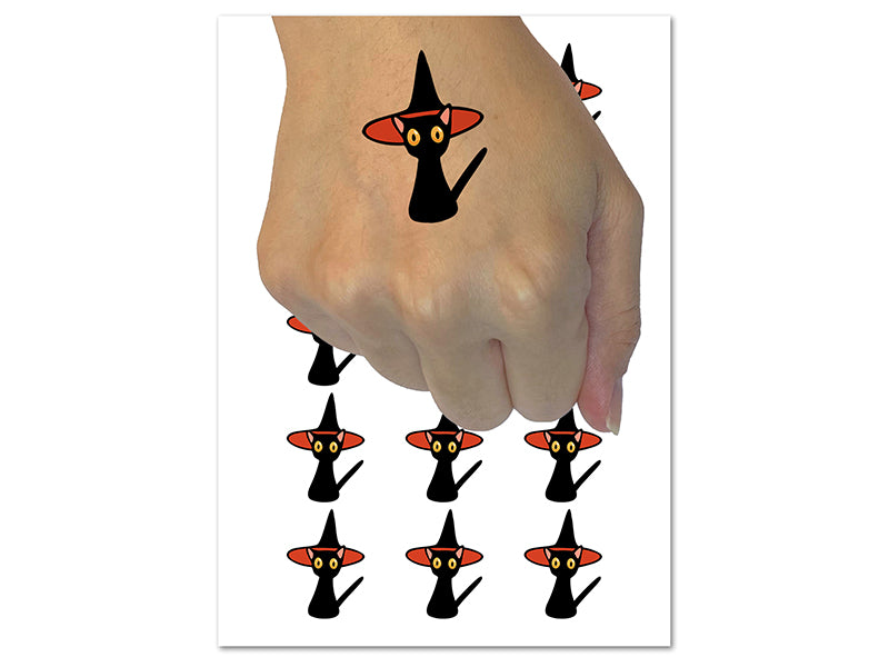 Spooked Cat in Witch Hat Halloween Temporary Tattoo Water Resistant Fake Body Art Set Collection (1 Sheet)