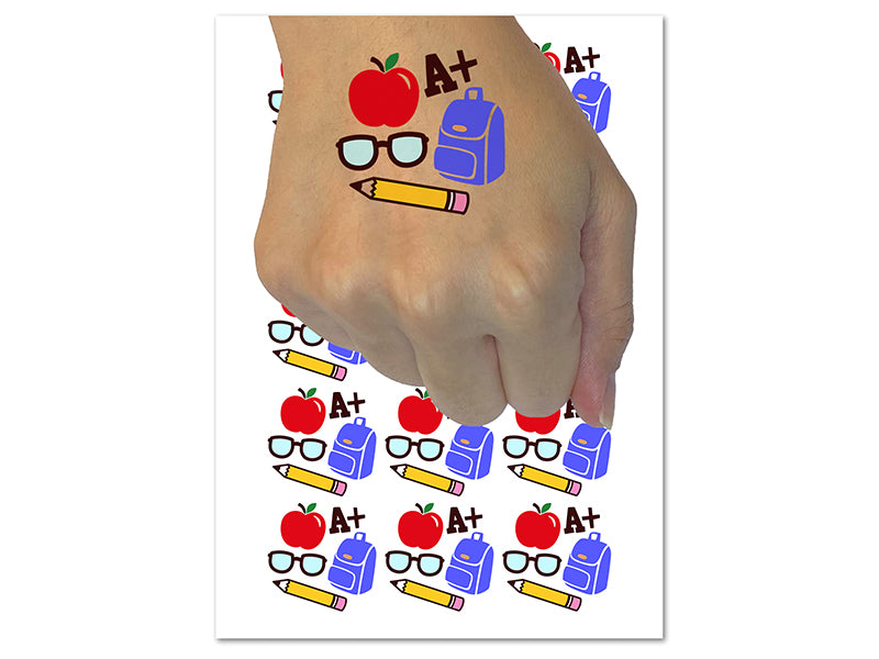 School Backpack Pencils Glasses Apple Temporary Tattoo Water Resistant Fake Body Art Set Collection (1 Sheet)