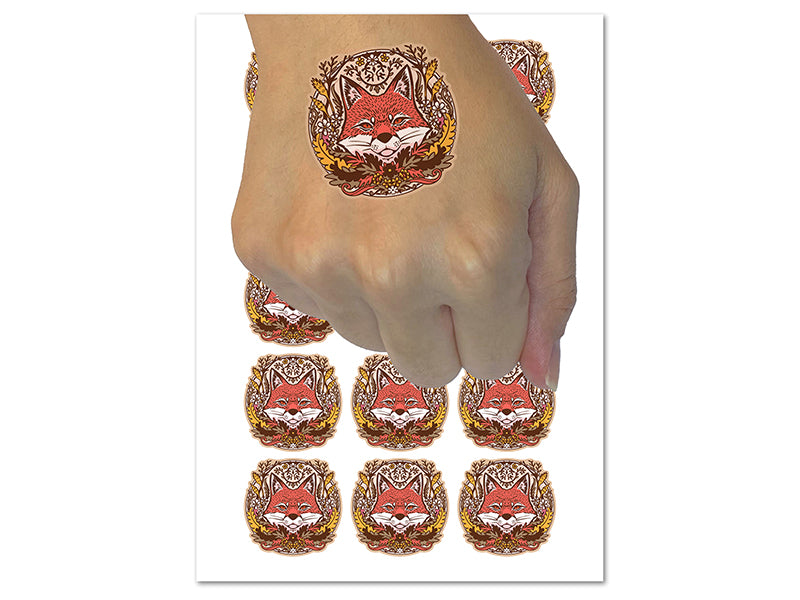 Sly Fox Hiding in Floral Wreath Temporary Tattoo Water Resistant Fake Body Art Set Collection (1 Sheet)