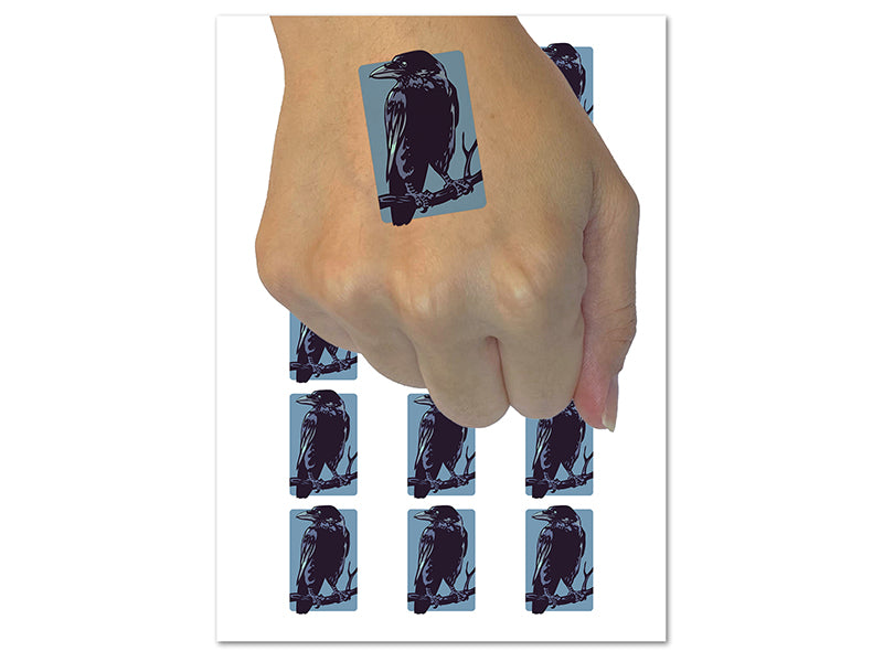 Wise Black Raven Crow Perched on Branch Temporary Tattoo Water Resistant Fake Body Art Set Collection (1 Sheet)