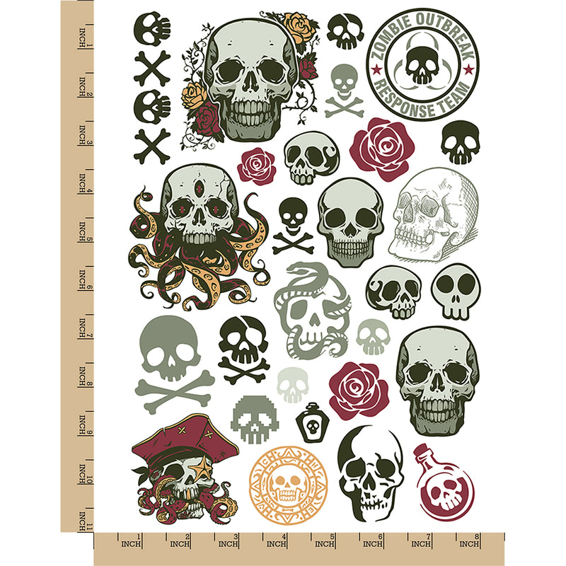 Spooky Human Skulls Temporary Tattoo Water Resistant Fake Body Art Set Collection