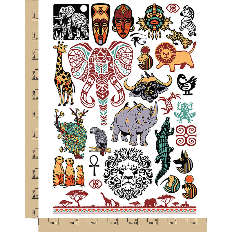 African Animals Savannah Lion Elephant Temporary Tattoo Water Resistant Fake Body Art Set Collection