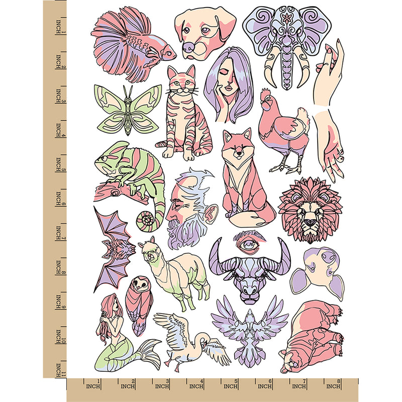 Artsy Contour Line Drawings Animals Temporary Tattoo Water Resistant Fake Body Art Set Collection
