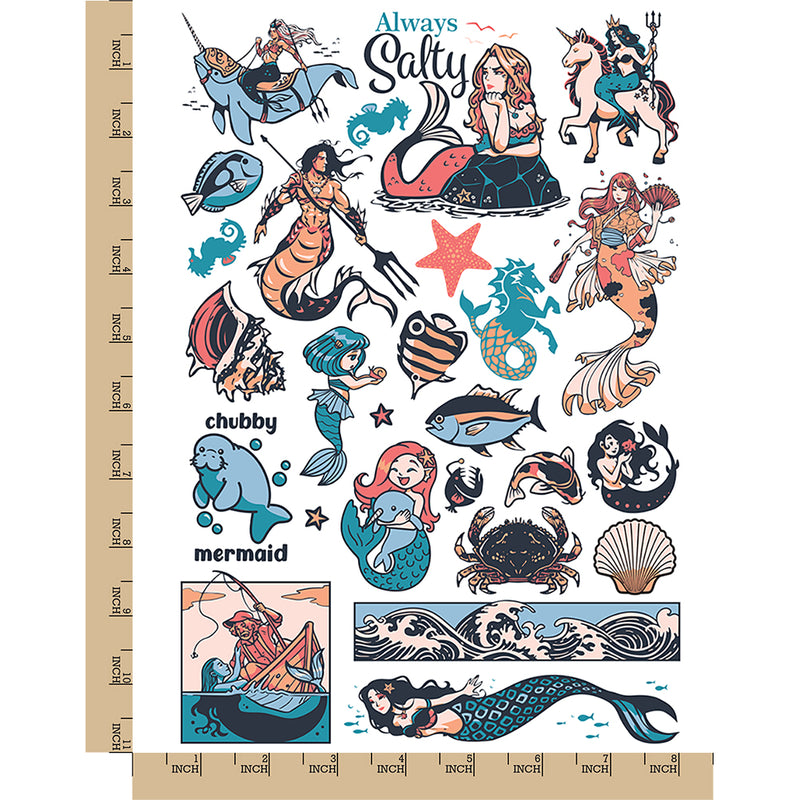 Beautiful Mermaids Ocean Sea Creatures Temporary Tattoo Water Resistant Fake Body Art Set Collection