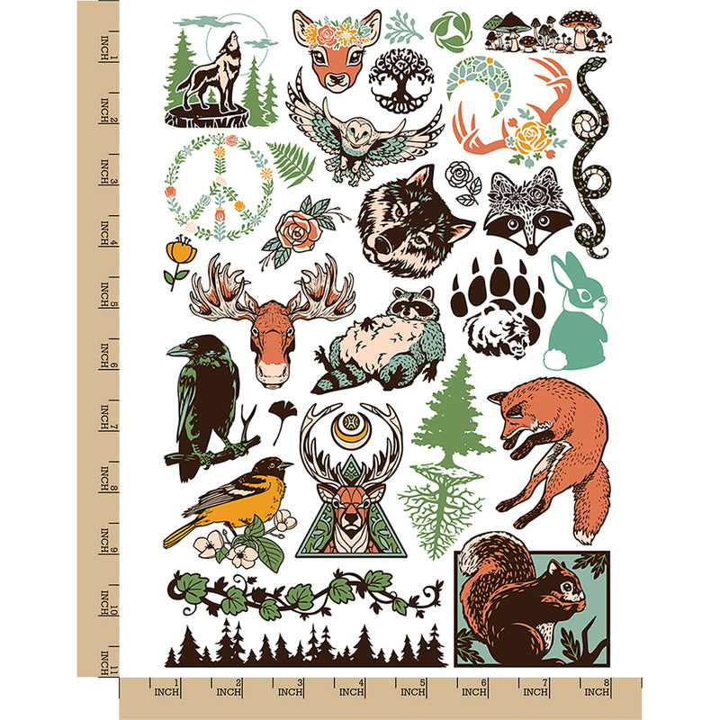 Forest Animals Flora Fauna Plants Temporary Tattoo Water Resistant Fake Body Art Set Collection