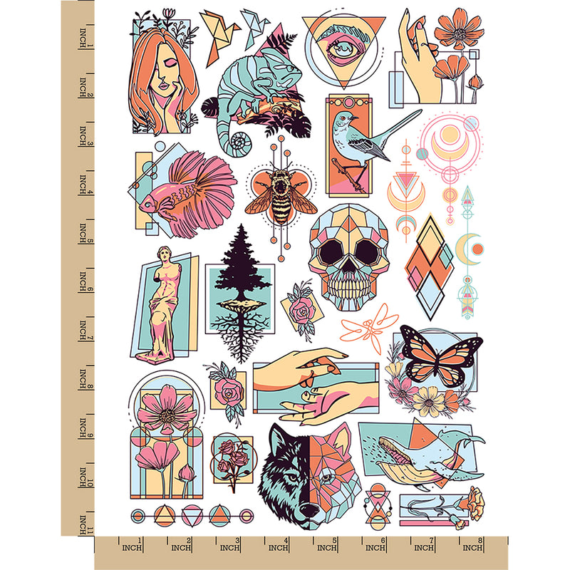 Geometric Shapes Flowers Animals Temporary Tattoo Water Resistant Fake Body Art Set Collection