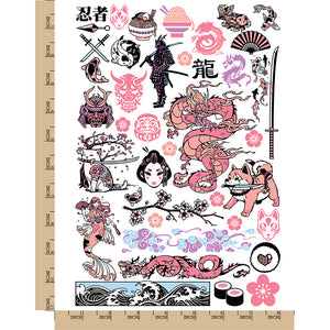 Japanese Sakura Katanas and Dragons Temporary Tattoo Water Resistant Fake Body Art Set Collection