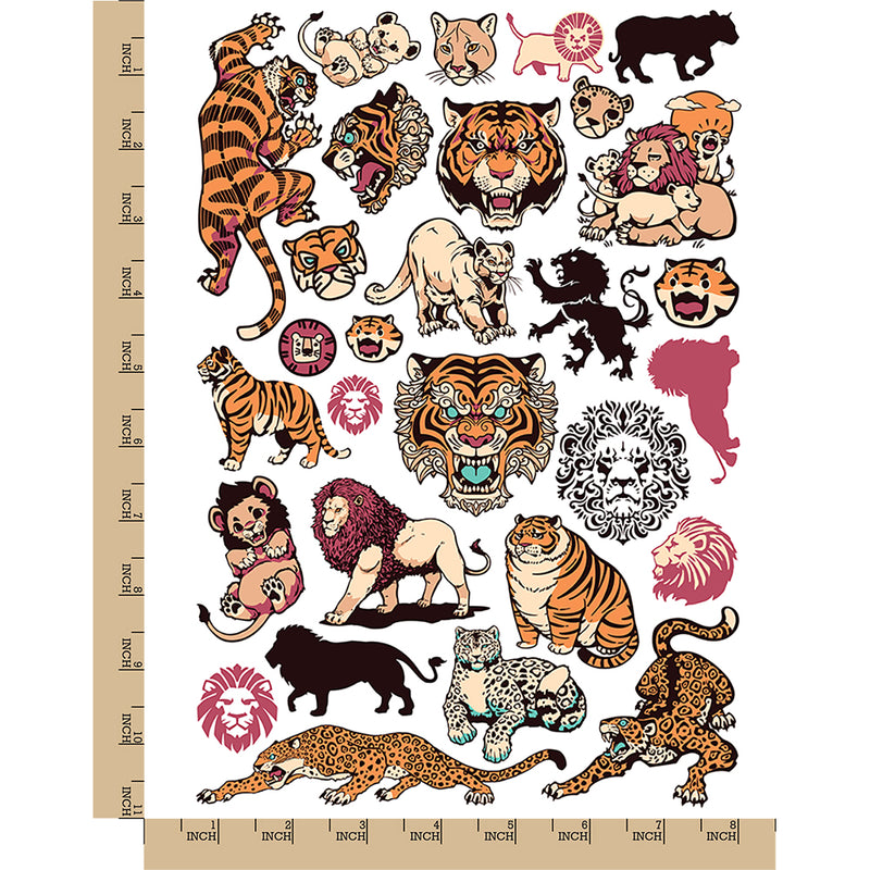 Lions Tigers Leopards Jaguars Wild Cats Temporary Tattoo Water Resistant Fake Body Art Set Collection