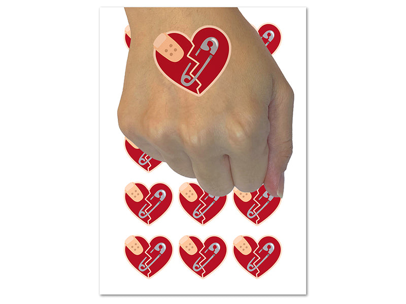 Mended Broken Heart Bandage Safety Pin Temporary Tattoo Water Resistant Fake Body Art Set Collection (1 Sheet)
