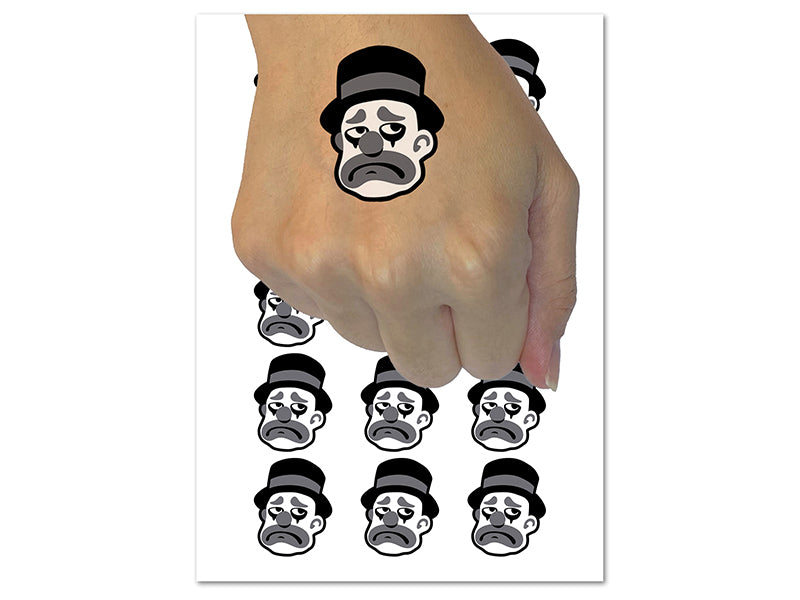 Sad Grayscale Monotone Clown Top Hat Temporary Tattoo Water Resistant Fake Body Art Set Collection (1 Sheet)