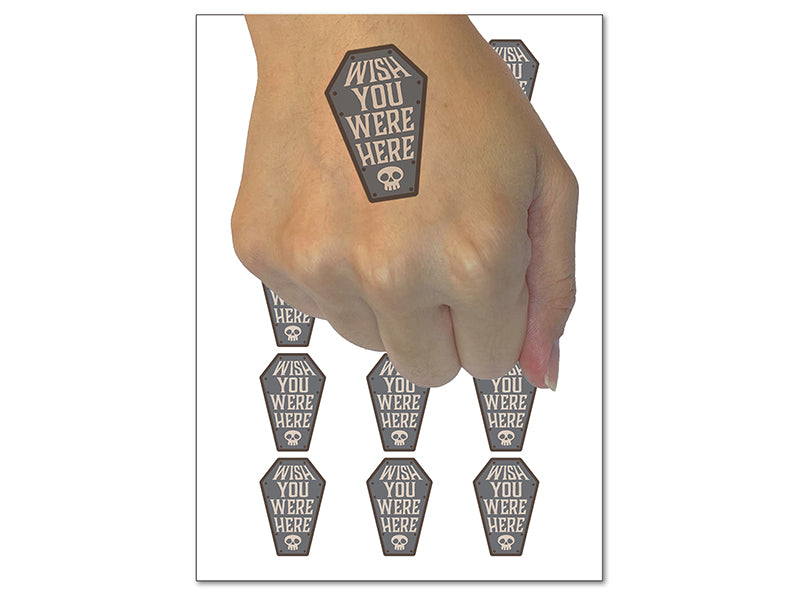 Wish You Were Here Coffin Skull Dark Humor Temporary Tattoo Water Resistant Fake Body Art Set Collection (1 Sheet)