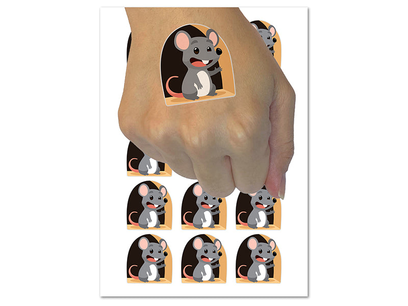 Mouse Waving From Hole Temporary Tattoo Water Resistant Fake Body Art Set Collection (1 Sheet)