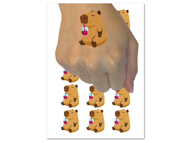 Chill Capybara Drinking Juice Temporary Tattoo Water Resistant Fake Body Art Set Collection (1 Sheet)