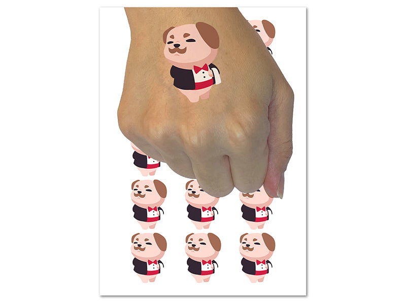 Gentleman Pug with Tuxedo Bowtie Temporary Tattoo Water Resistant Fake Body Art Set Collection (1 Sheet)