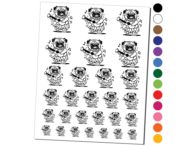 Luau Hawaiian Hula Pug with Ukulele Temporary Tattoo Water Resistant Fake Body Art Set Collection