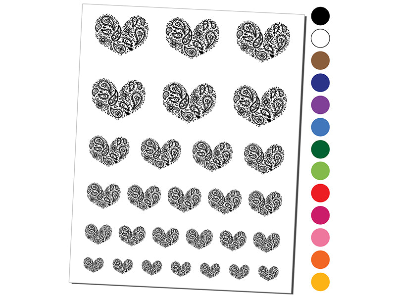 Paisley Heart Temporary Tattoo Water Resistant Fake Body Art Set Collection
