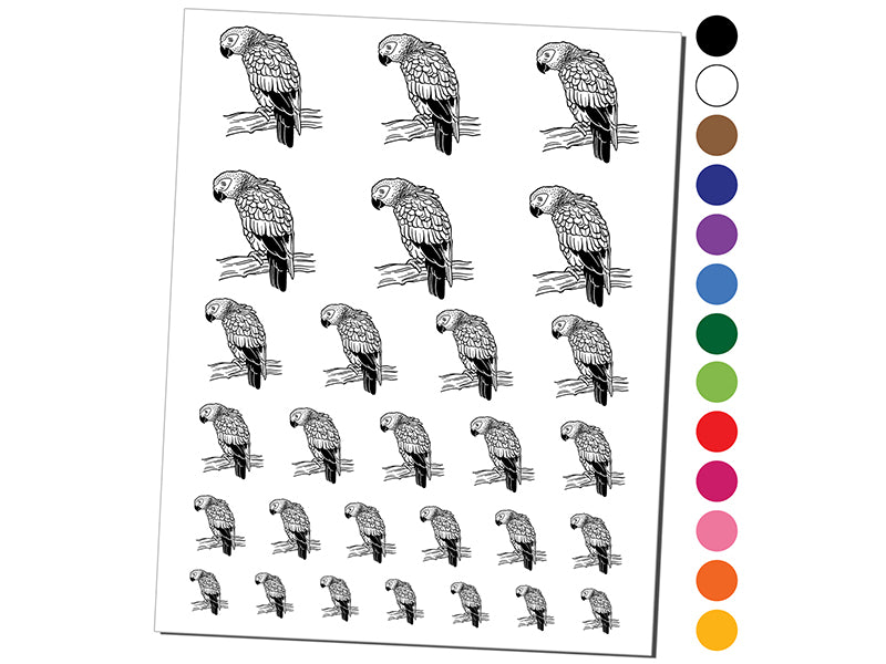 African Grey Parrot on a Branch Temporary Tattoo Water Resistant Fake Body Art Set Collection