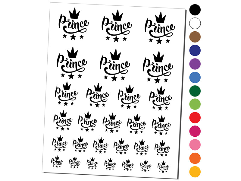 Prince Cursive with Crown and Stars Temporary Tattoo Water Resistant Fake Body Art Set Collection