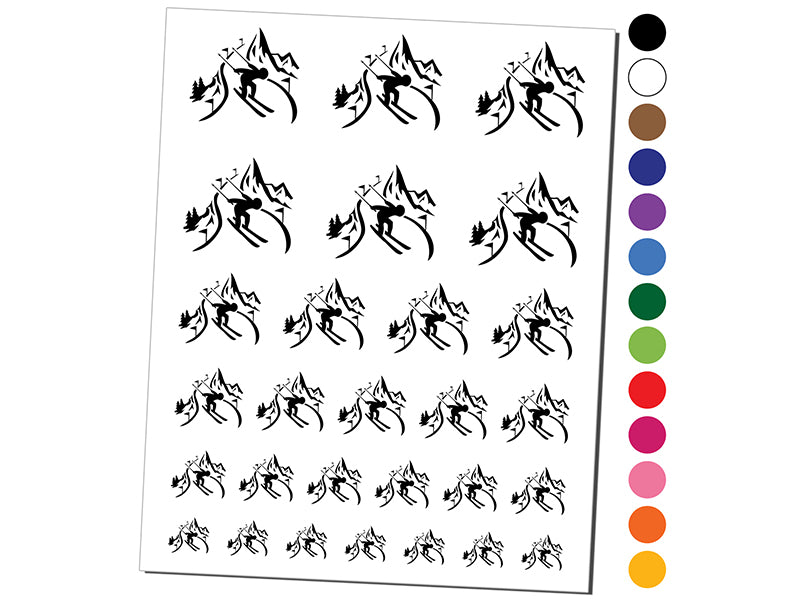 Skier Skiing Down Mountain Slopes Temporary Tattoo Water Resistant Fake Body Art Set Collection