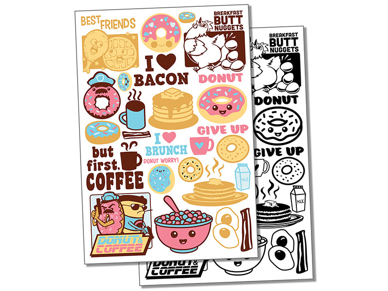 Breakfast Brunch Pancakes Donuts Bacon Eggs Temporary Tattoo Water Resistant Fake Body Art Set Collection