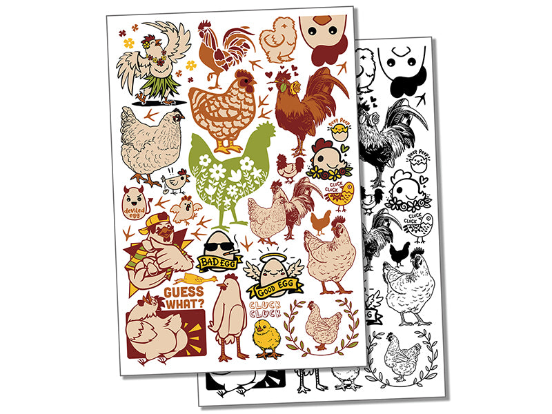 Clucky Chickens Hens Rooster Temporary Tattoo Water Resistant Fake Body Art Set Collection