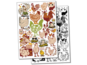 Clucky Chickens Hens Rooster Temporary Tattoo Water Resistant Fake Body Art Set Collection