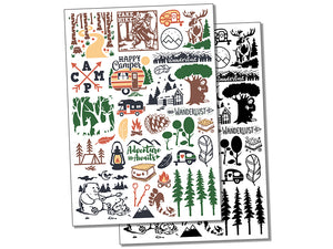 Camping Hiking Backpacking Forest Mountains Temporary Tattoo Water Resistant Fake Body Art Set Collection