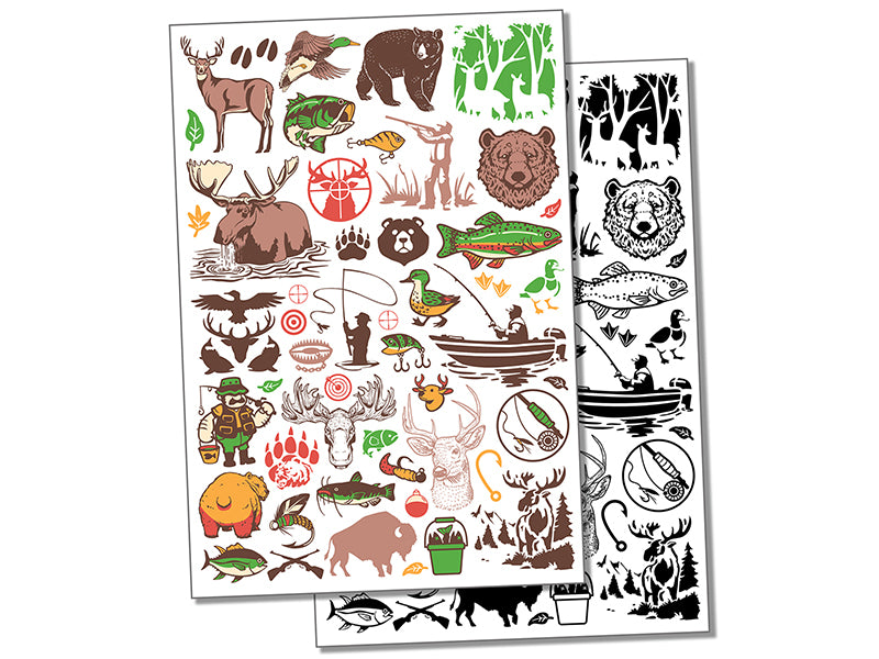 Outdoors Animals Hunting and Fishing Temporary Tattoo Water Resistant Fake Body Art Set Collection