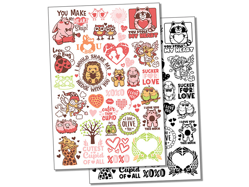 Love Puns Hearts Animals Valentine's Day Temporary Tattoo Water Resistant Fake Body Art Set Collection