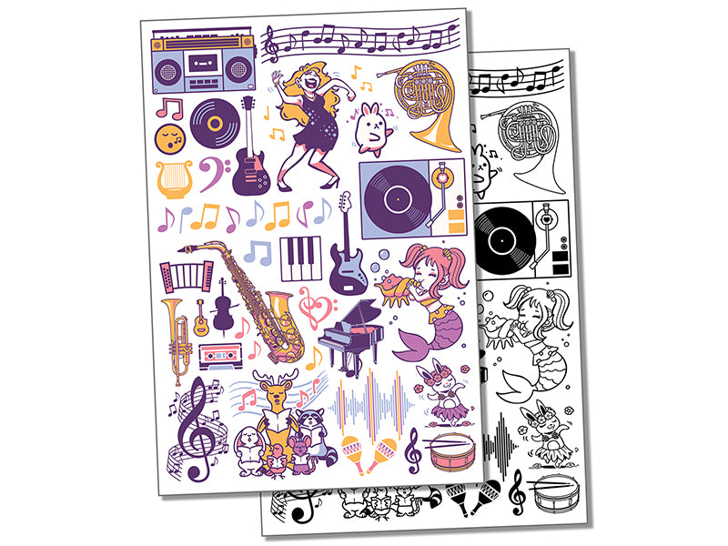 Music Songs Instruments Dance Rock and Roll Temporary Tattoo Water Resistant Fake Body Art Set Collection