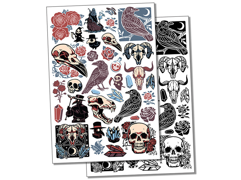 Ravens Plague Doctor Skulls Halloween Temporary Tattoo Water Resistant Fake Body Art Set Collection