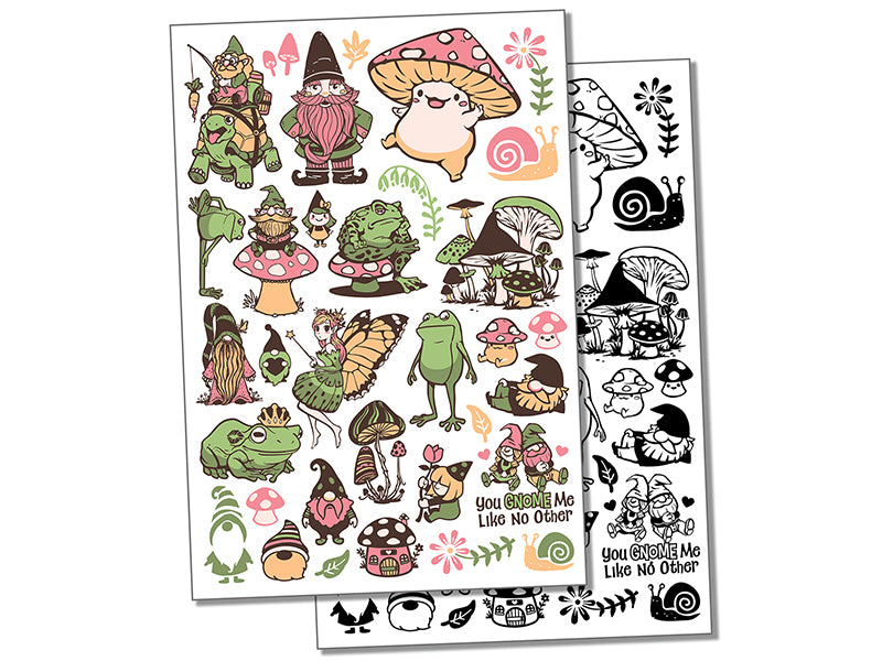 Whimsical Gnomes Mushrooms Frogs Fantasy Temporary Tattoo Water Resistant Fake Body Art Set Collection