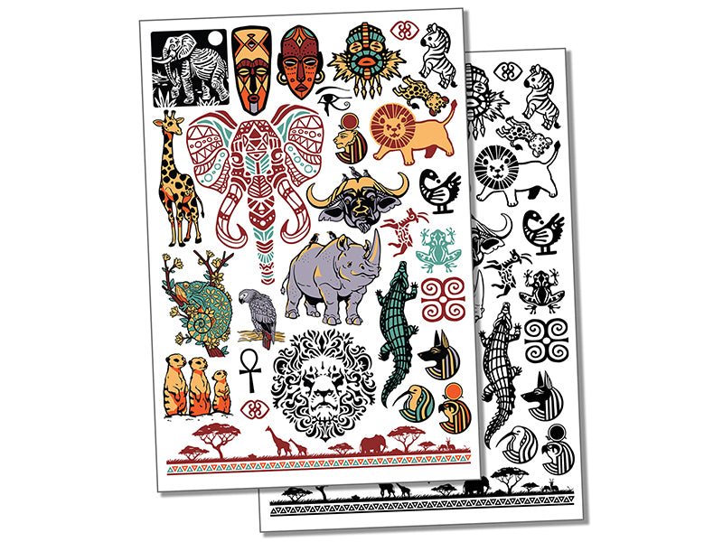 African Animals Savannah Lion Elephant Temporary Tattoo Water Resistant Fake Body Art Set Collection