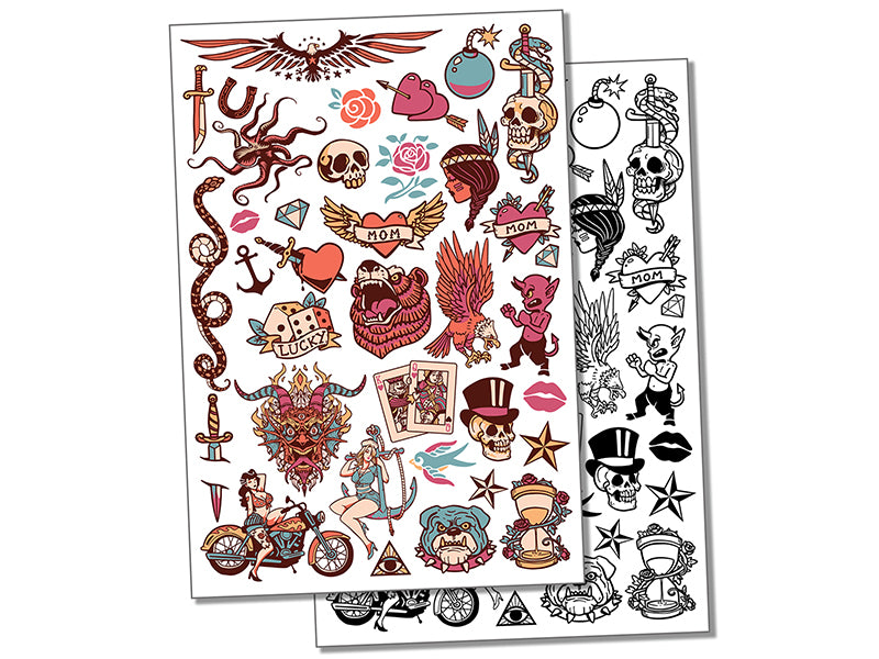 American Traditional Vintage Old Style Temporary Tattoo Water Resistant Fake Body Art Set Collection