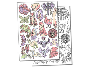 Artsy Contour Line Drawings Animals Temporary Tattoo Water Resistant Fake Body Art Set Collection