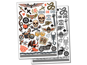 Biker Skulls Motorcycle Club Temporary Tattoo Water Resistant Fake Body Art Set Collection