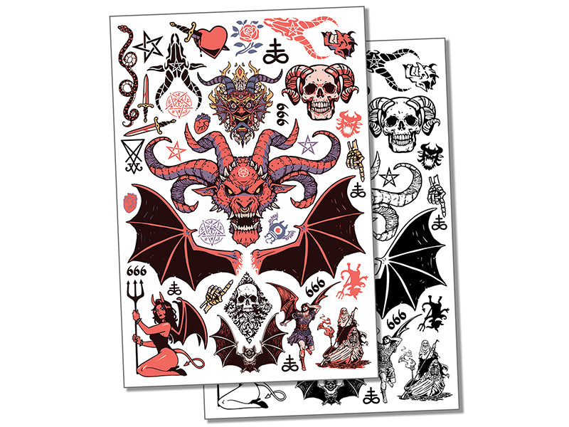 Evil Demons Devils Satanic Halloween Temporary Tattoo Water Resistant Fake Body Art Set Collection