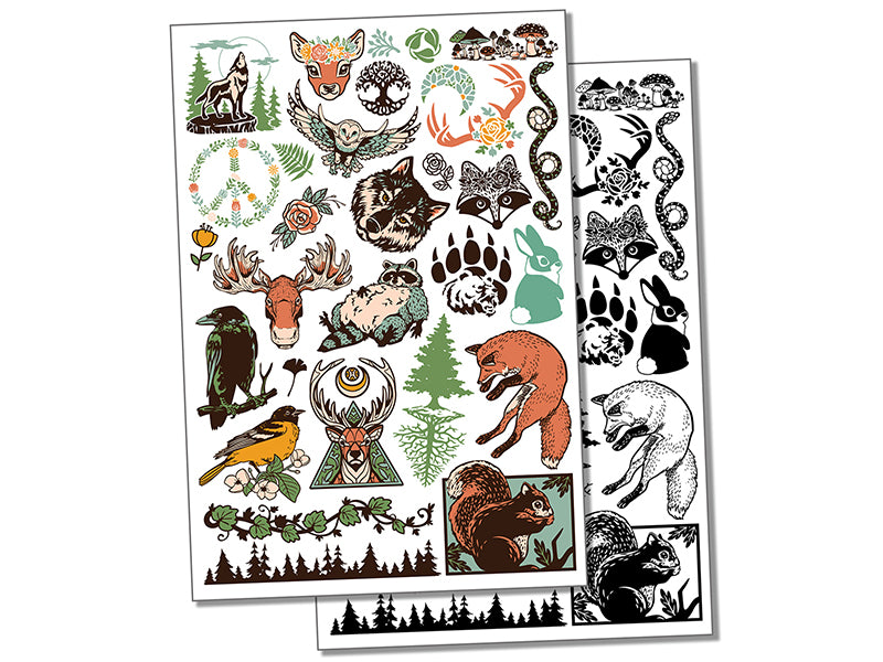 Forest Animals Flora Fauna Plants Temporary Tattoo Water Resistant Fake Body Art Set Collection