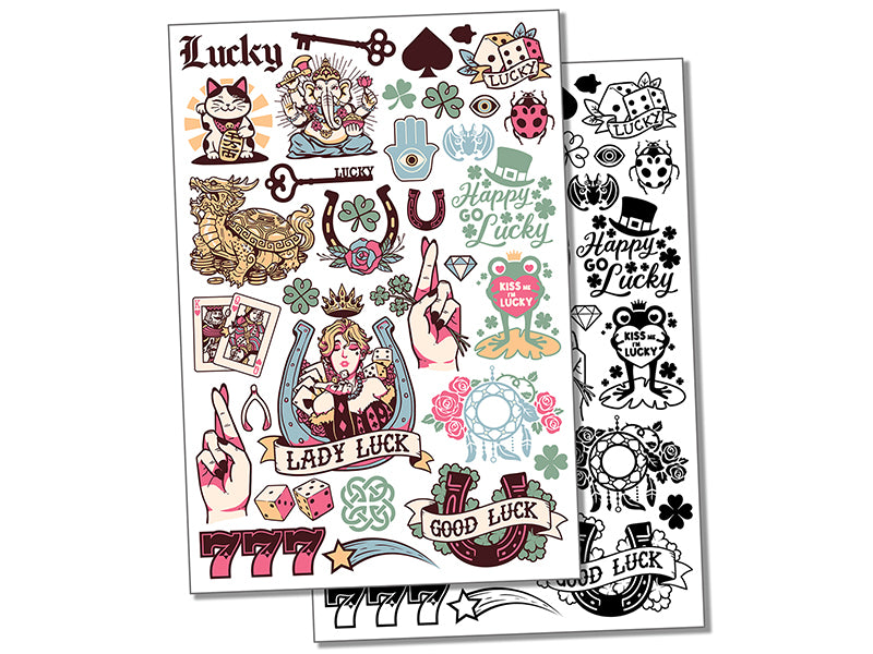 Lucky Charms Symbols Fortune Signs Temporary Tattoo Water Resistant Fake Body Art Set Collection