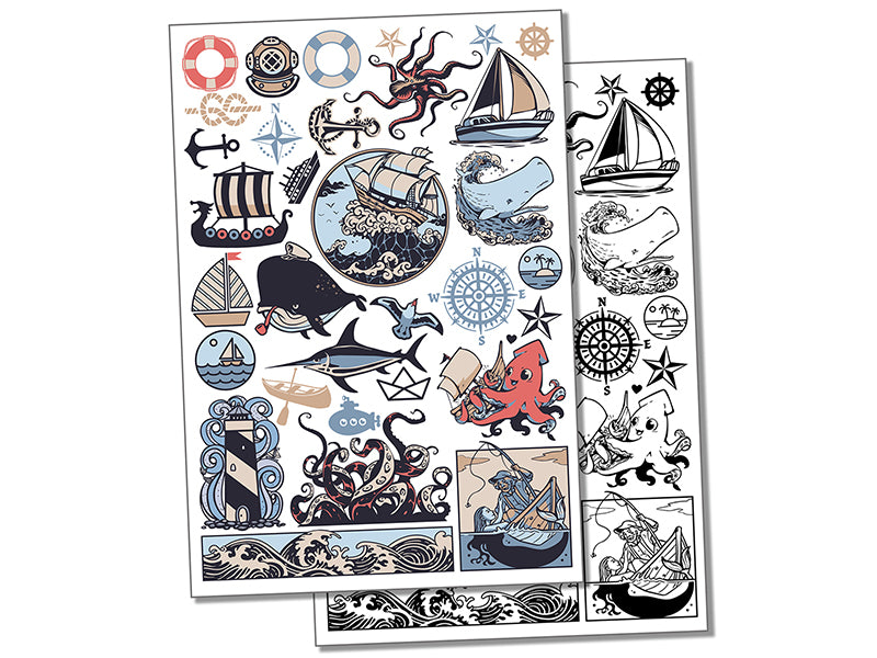 Nautical Ocean Marine Ships Boats Sea Temporary Tattoo Water Resistant Fake Body Art Set Collection