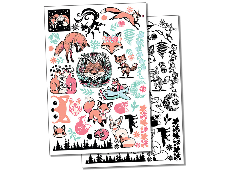 Sly Forest Foxes and Leaves Temporary Tattoo Water Resistant Fake Body Art Set Collection