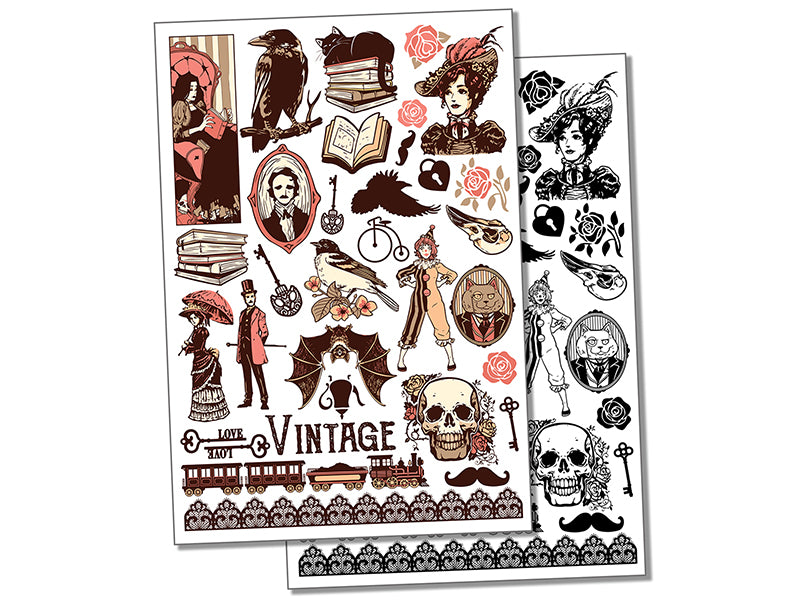 Vintage Victorian Gothic Aesthetic Halloween Temporary Tattoo Water Resistant Fake Body Art Set Collection